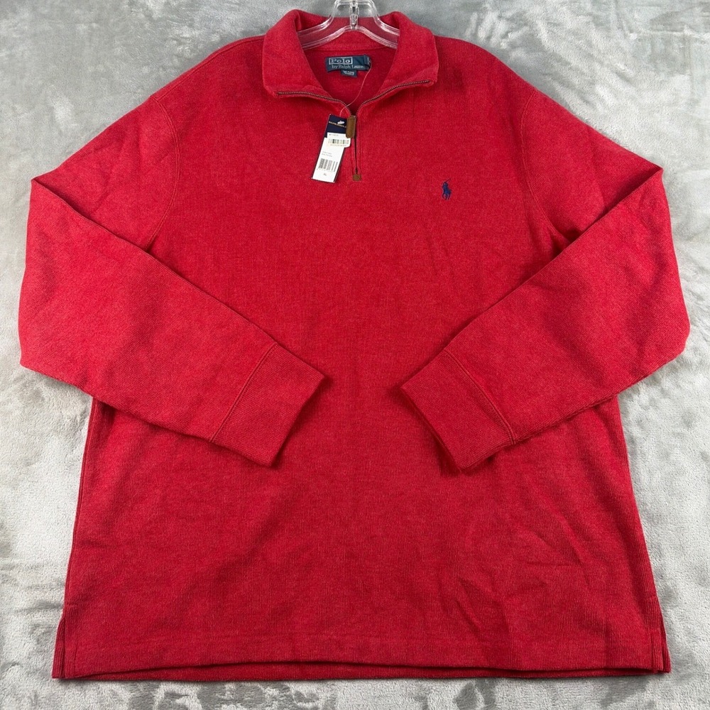 Polo Ralph Lauren Pullover Mens XL Quarter-Zip Red Cotton Ribbed Logo NEW